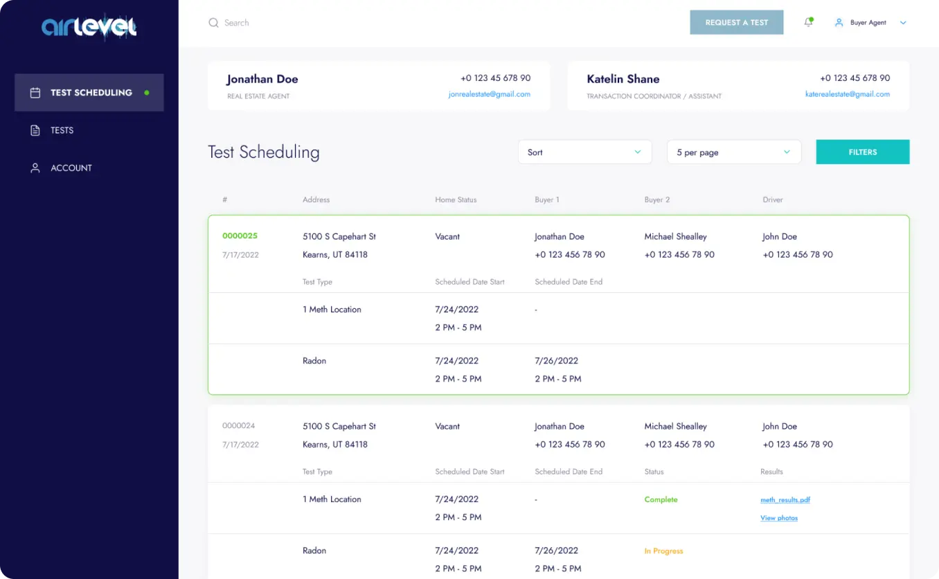 Airlevel test scheduling dashboard with buyer details and dates.