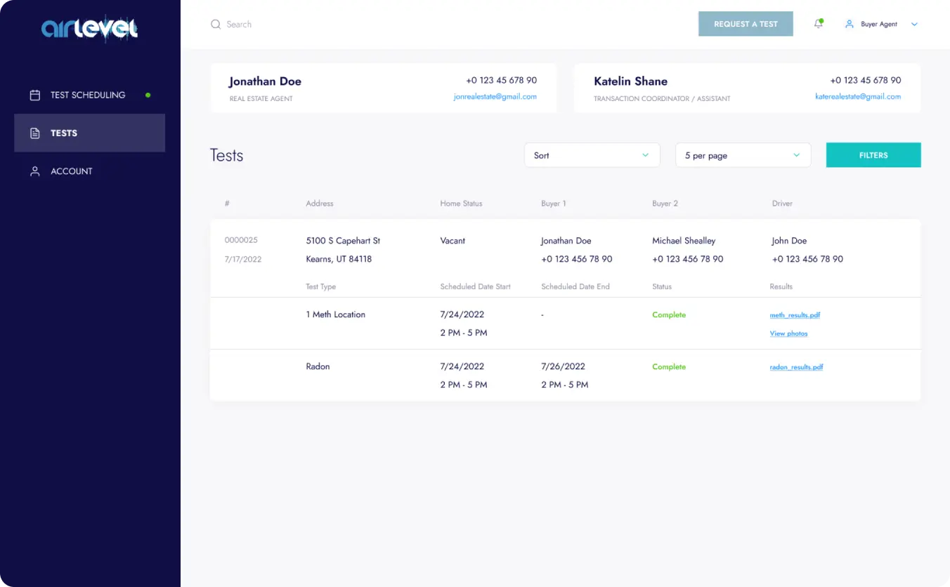 Airlevel dashboard showing test scheduling and results for users.
