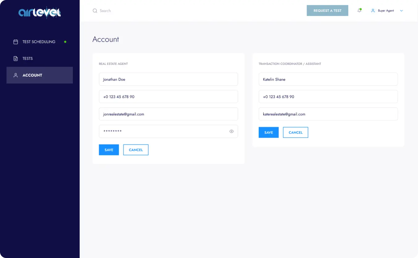 Airlevel account settings with user information fields