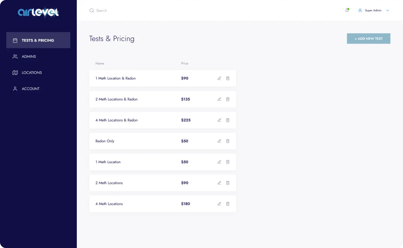 Airlevel tests and pricing table with various options and prices