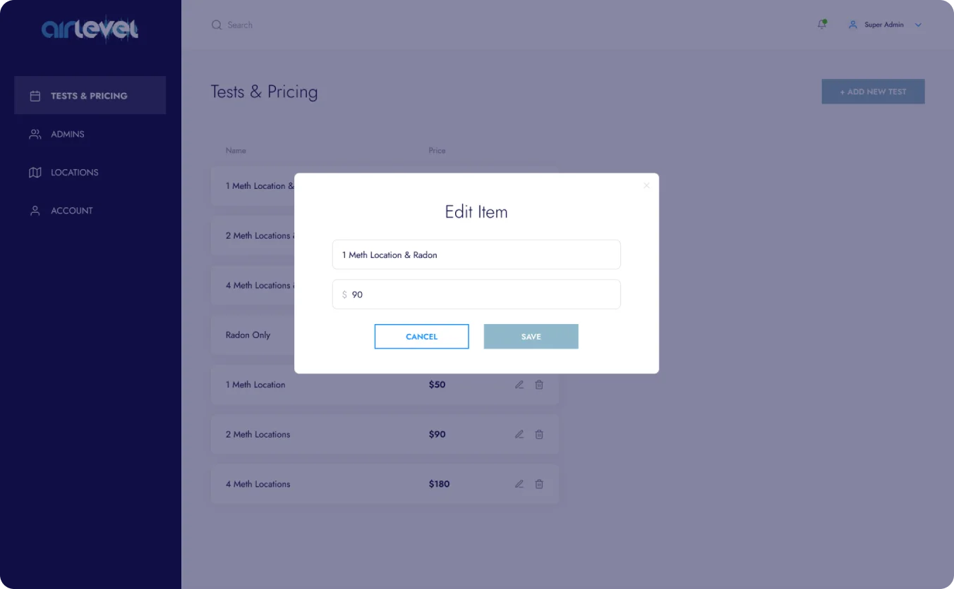 Airlevel pricing page with edit item modal
