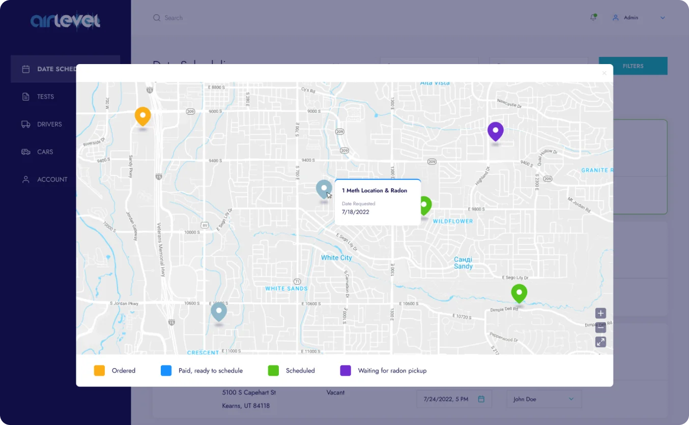 map interface showing locations and status for ride scheduling