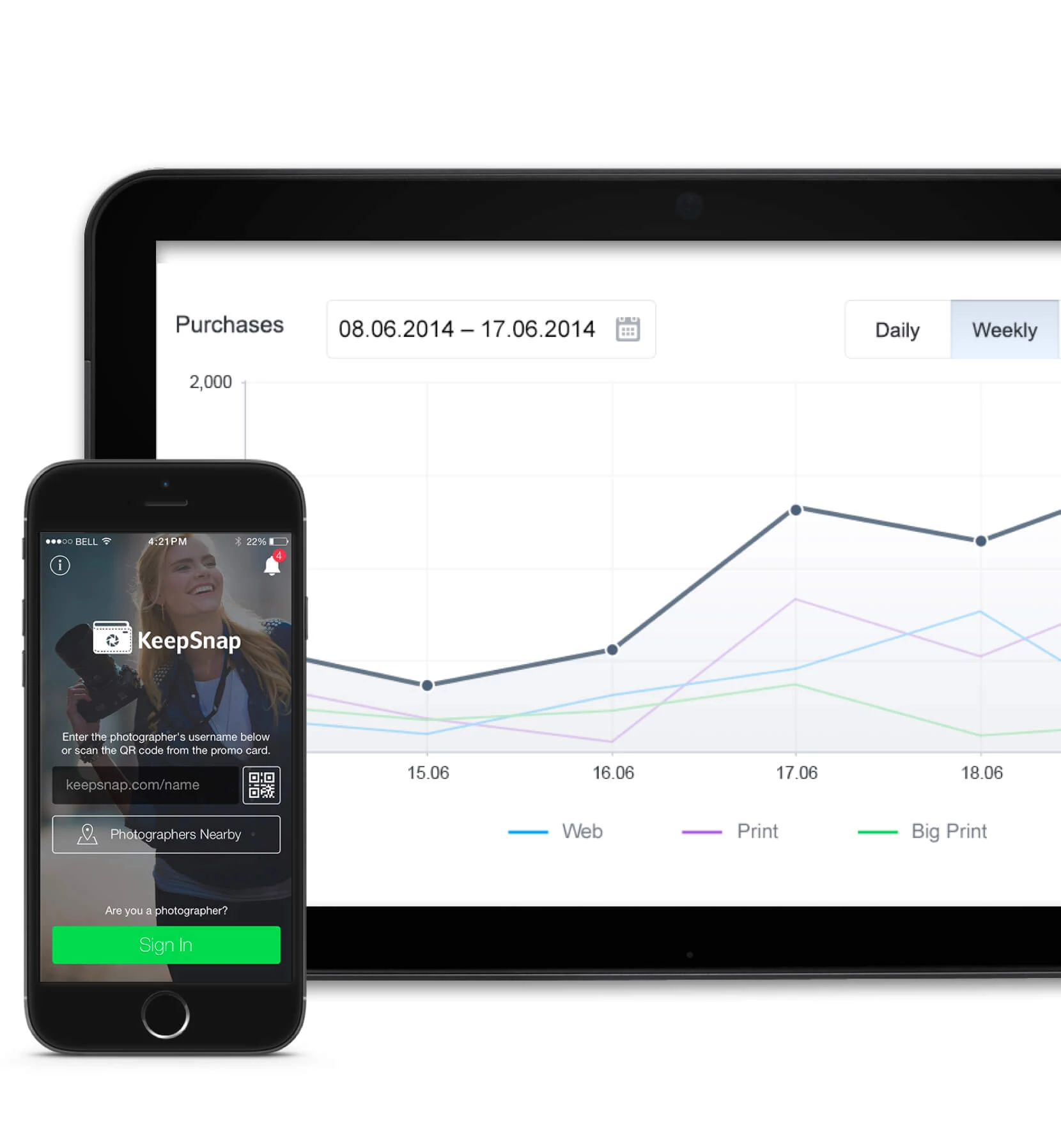 KeepSnap app on mobile with purchases chart on tablet screen.