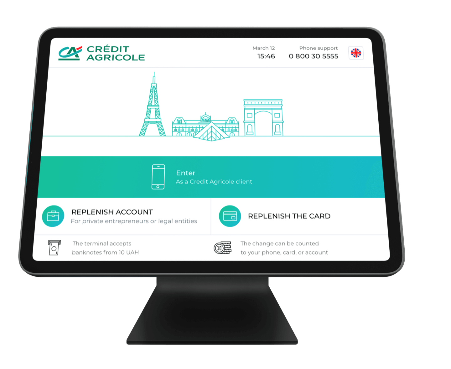 Crédit Agricole client portal on a tablet screen with support info.