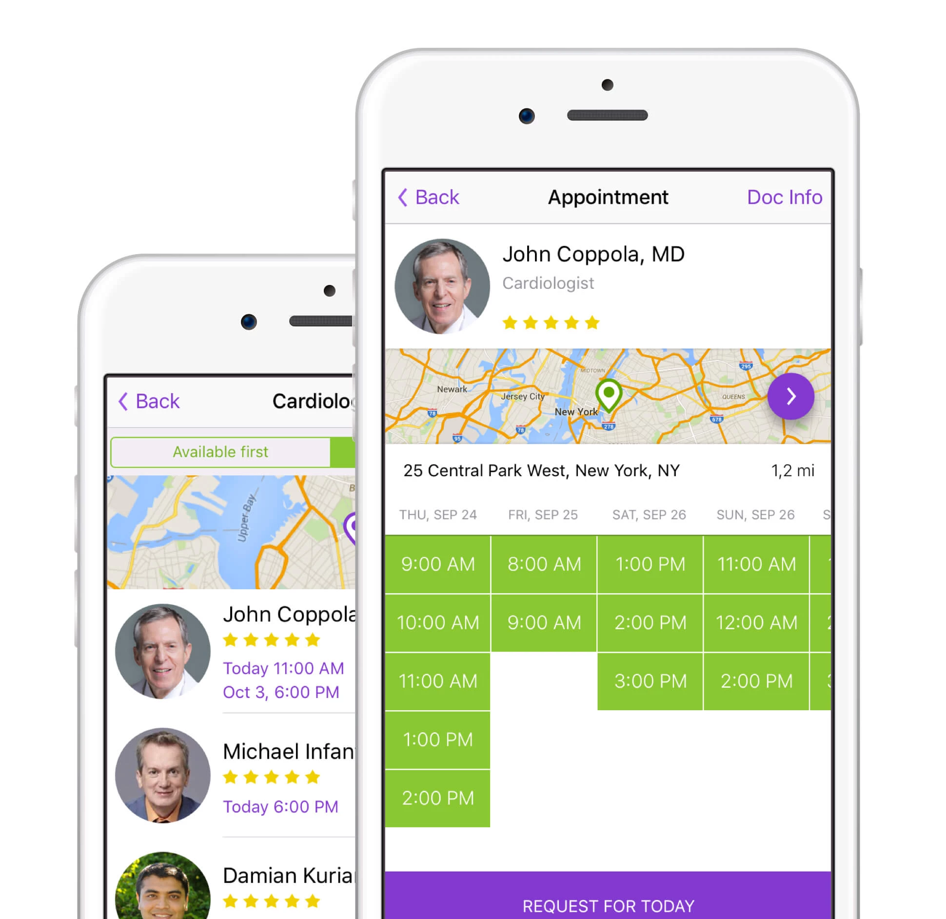 appointment scheduling interface with doctor profiles and map location