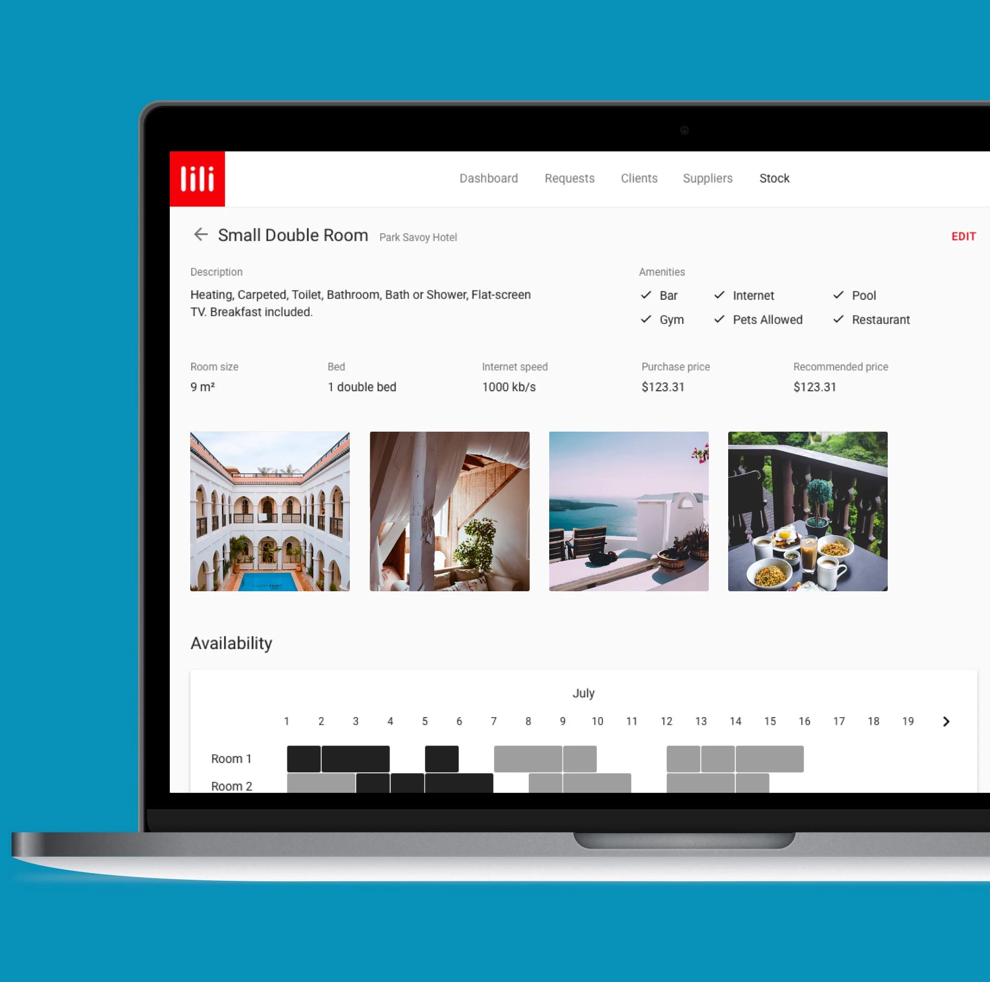 lili dashboard showing small double room details and amenities