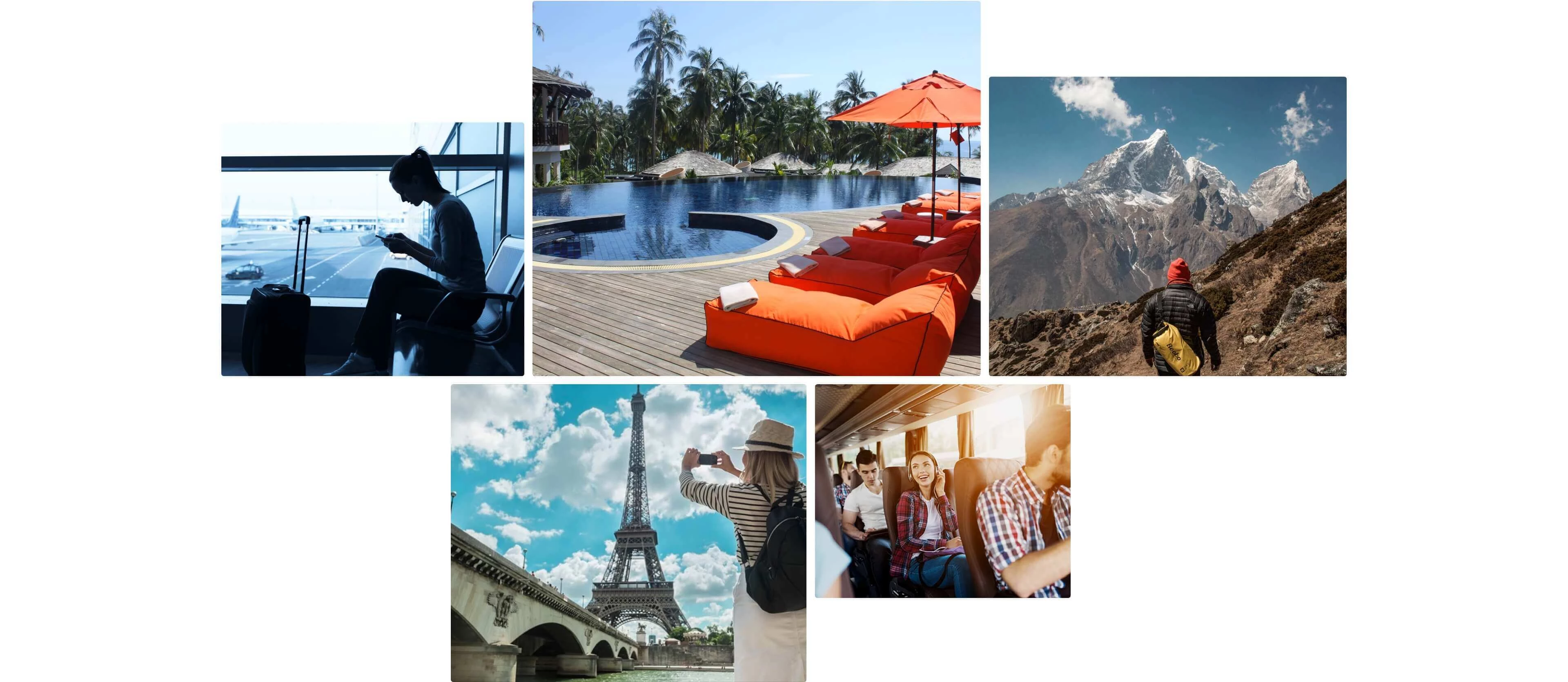 collage of travel experiences including airport, hotel, and sightseeing