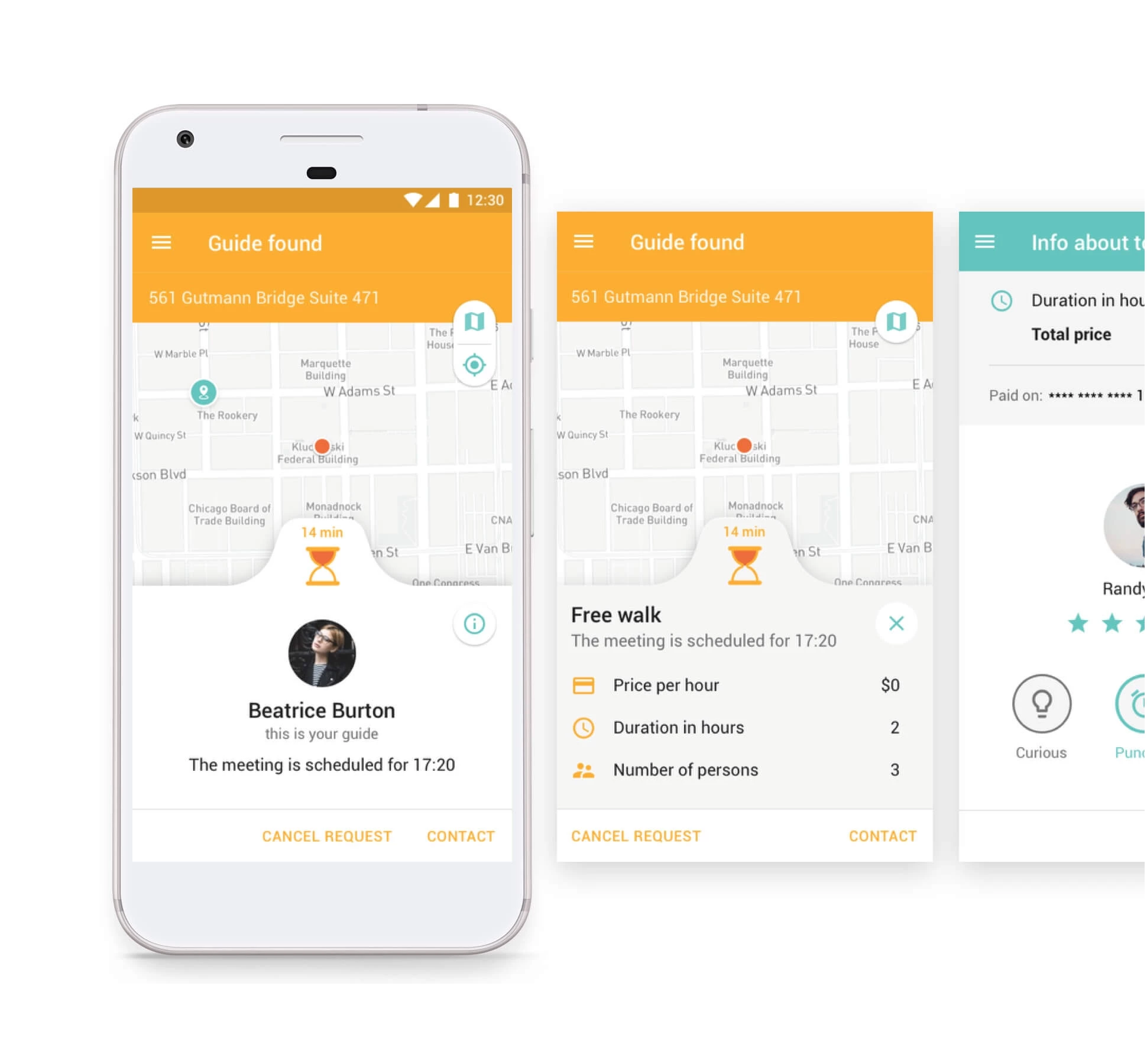 UI screenshot of travel guide app with meeting details and pricing information