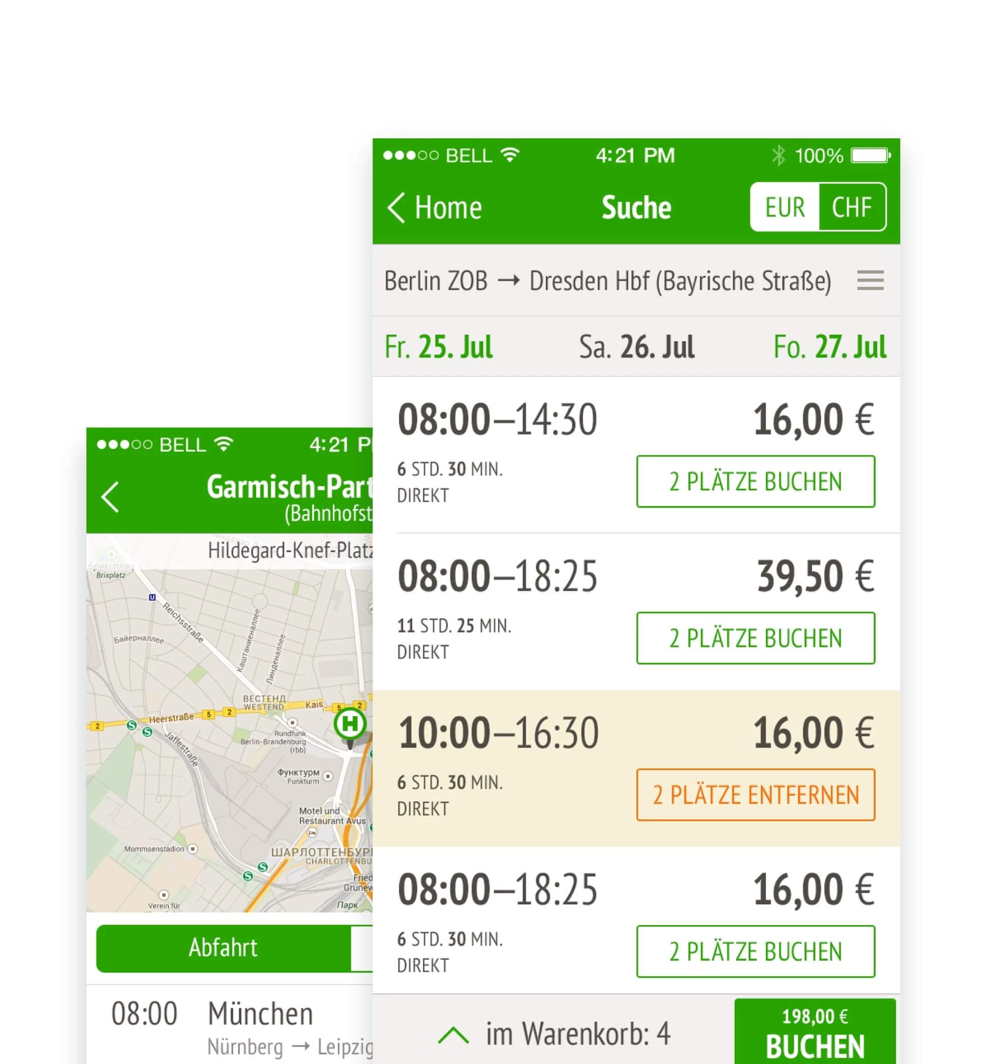 MeinFernbus app interface showing travel search results and map.